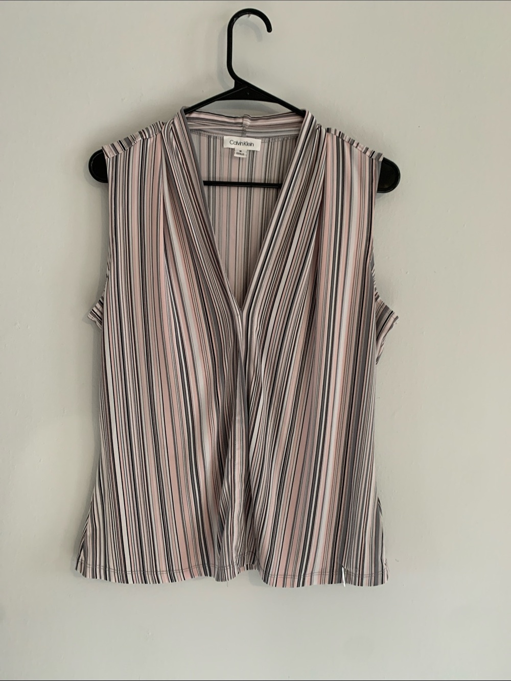CALVIN KLEIN Pink and Black Striped Sleeveless V-Neck Top